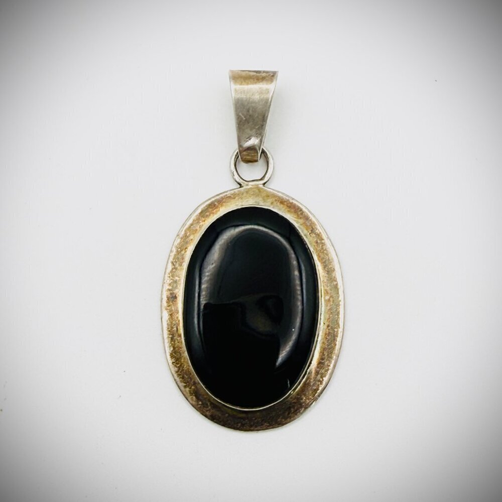 Taxco Mexico Sterling Black Onyx Pendant 2" - Picture 2 of 4